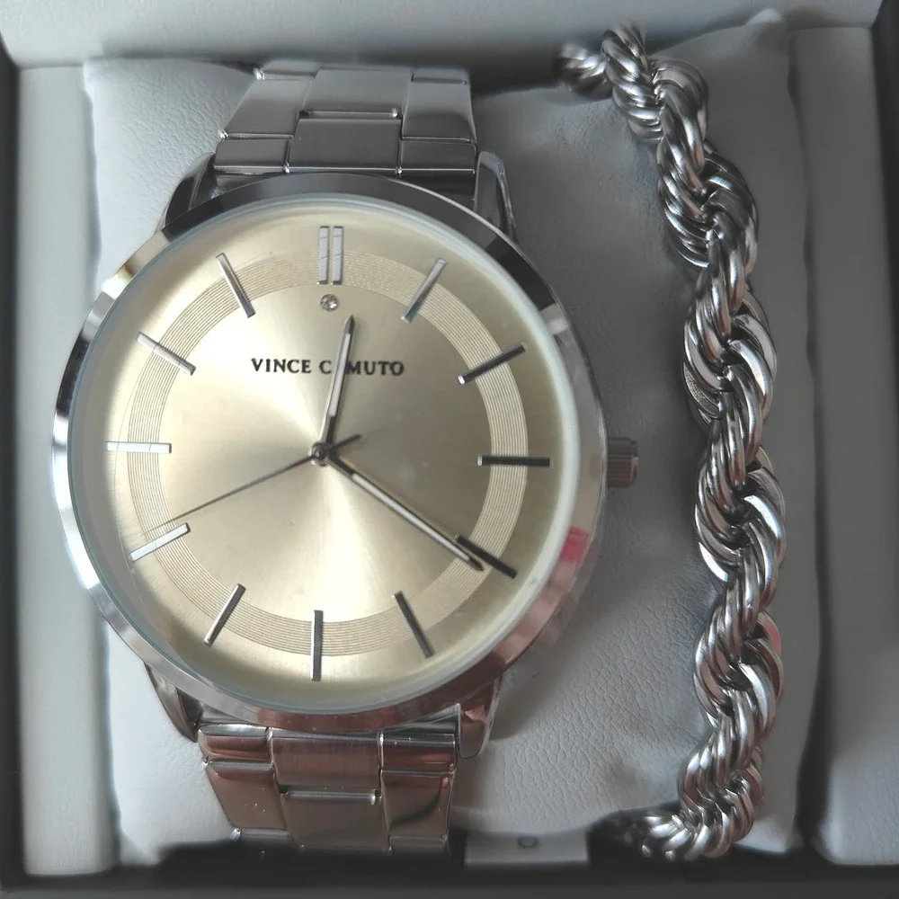 Vince Camuto Men Stainless Steel Analog Silver Watch Bracelet Set Gold Tone Dial